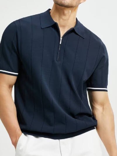 Fashion Short-sleeved Polo Shirt Summer Lapel Zipper T-shirt Tops Mens Clothing