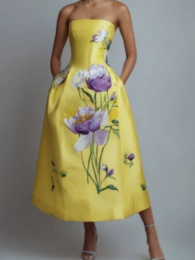 Yellow Floral Print Strapless Midi Dress