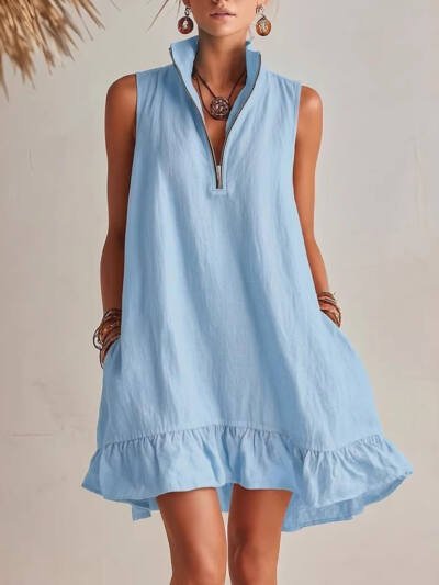 New Stylish Casual Loose Half-Zip Sleeveless Dress With Ruffle Hem