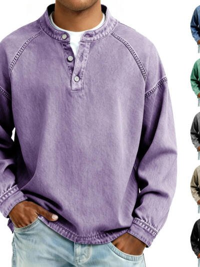 Men's Solid-Colored Casual Top Vintage Long-Sleeve Shirt