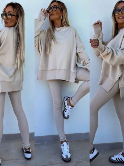 Sweater Suit Women's Casual Loose Long Sleeve Crew Neck Split Top Tight Trousers