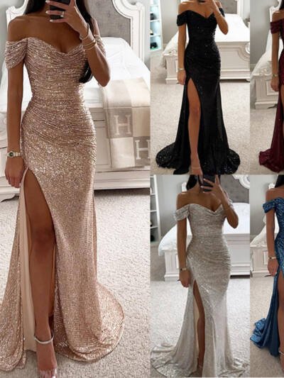 Party Sequins Off-neck Split Dress INS Casual Fashion Dress Women Charming Slimming Dress For Women