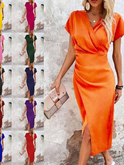 Slim-fit Short-sleeved Dress Fashion Sexy Split V-neck Dress Summer Women's Clothing