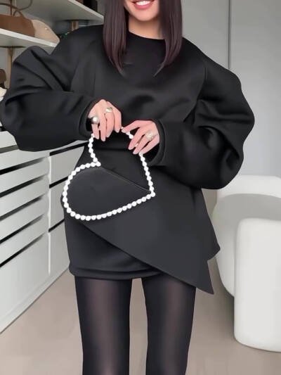 Black Oversized Puffed-sleeve Asymmetrical Mini Dress