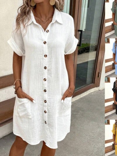 Summer Simplicity V-neck Buttons Cotton Linen Women's Shirt Dress
