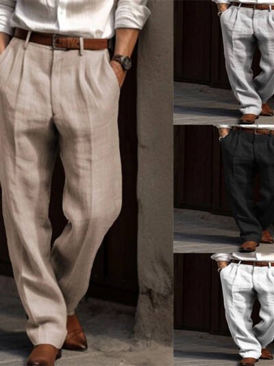 Men's Linen Trousers Double Pleated Front Pocket Straight Pure Color Comfort Breathable Casual