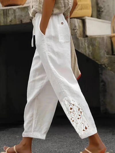Women's Lace Stitching Drawstring Straight Casual Pants