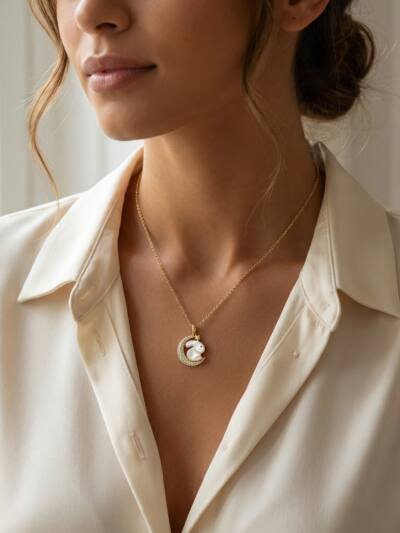 925 Sterling Silver Whimsical Mother of Pearl Rabbit Resting on Sparkling Crescent Moon Pendant Necklace