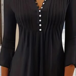 Button Front Ruched Blouse, Casual Solid Crew Neck Blouse, Women's Clothing