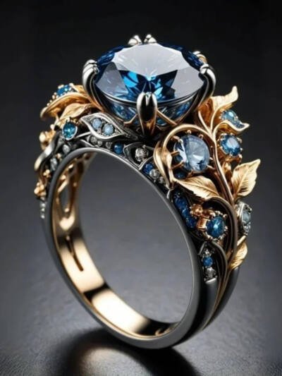 Fashionable Vintage Two-Tone Ring With Sapphire Inlay