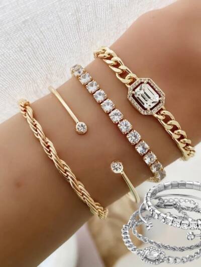 Fashion Jewelry 4 Pcs Crystal Bracelet Set Bohemian Design For Women Vintage Luxury Twisted Cuff Chains Armband Jewelry Accessories
