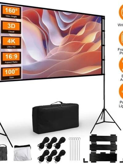100inch/120inch Options Projector Screen With Stand 16:9 4K HD Rear Front Wrinkle-Free Portable And Foldable Movie Screen With Carry Bag For Indoor Outdoor Home Theater Backyard Cinema