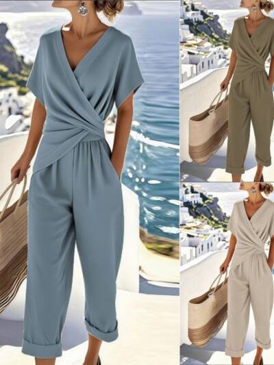 Women's Two Pieces Set Fashion Solid Color Irregular Short Sleeve Suit Summer Fashion V Neck Slim Office Suit Casual Pleated Irregular Top And Pants Female Outfit