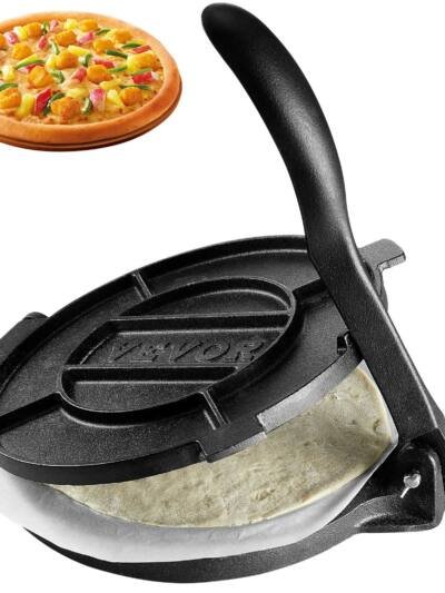 Tortilla Press, 10 Inch Tortilla And Roti Maker, Cast Iron Heavy Duty Tortilladora Press, Pre-Seasoned Pataconera Maker With 100 Pcs Parchment Paper, Dough Maker For Flour Tortilla, Tawa, Silver
