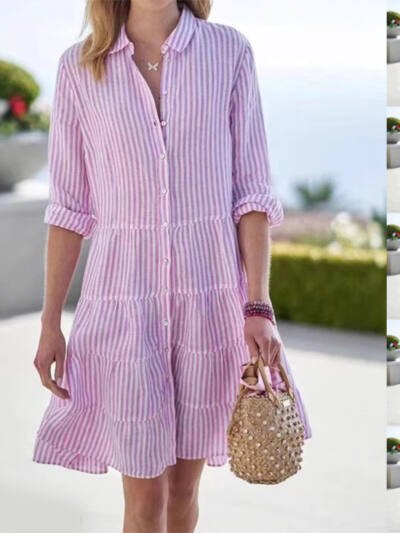 Ins Striped Long-sleeved Shirt Dress Fashion Lapel Button Dresses For Women
