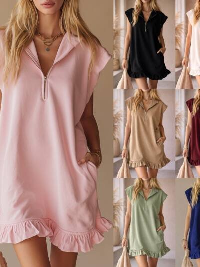 V-Neck Sleeveless Dress - Women's Casual Summer Dress With Two Front Pockets And Back Zipper Closure For Daily Wear