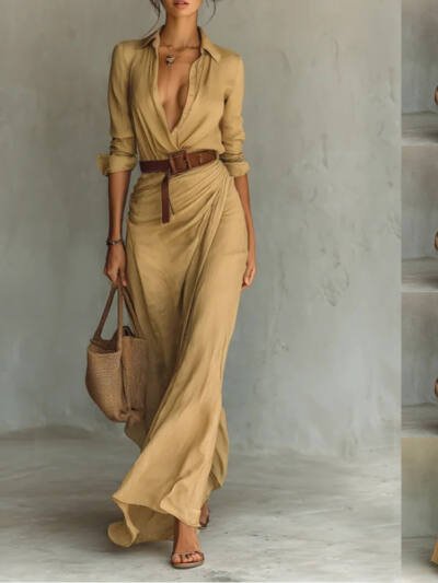 Irregular Long Dress With Belt Fashion And Elegant Button Lapel Long-sleeved Shirt Dresses Daily Office Commuting Clothing For Women