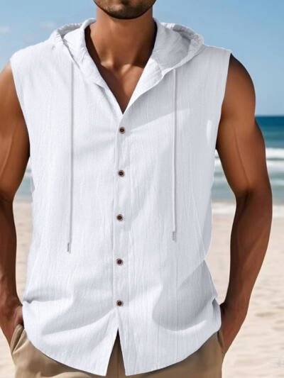 Mens Sleeveless Linen Hooded Shirt