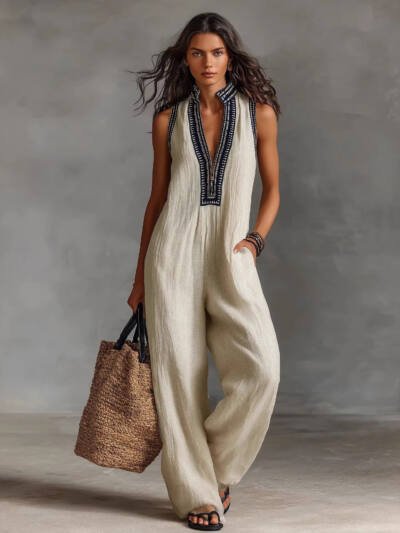 Women's Simple Linen-blend Sleeveless Jumpsuit