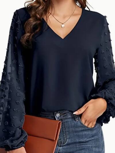 Swiss Dot V Neck Shirt - Soft, Breathable, Casual Solid Shirt For Spring And Fall Season, Women's Clothing With Relaxed Fit And Classic Style