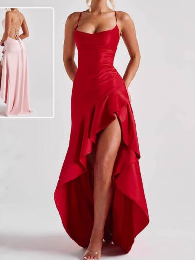 Women's Backless Ruffles Irregular Dress Summer Fashion Evening Party Club Split Suspender Maxi Dresses Clothing