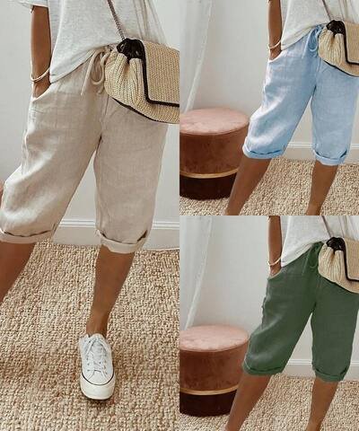 Women's Cotton And Linen Pocket Elasticated Slacks Women's Fifth Pants