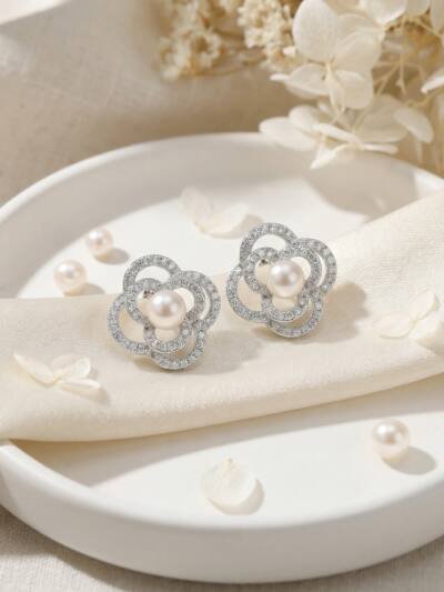 925 Sterling Silver Exquisite Pearl and Pave-Set Crystal Floral Stud Earrings in Silver