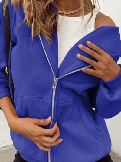 Women's Fashion Casual Solid Color Drawstring Zipper Hooded Sweatshirt