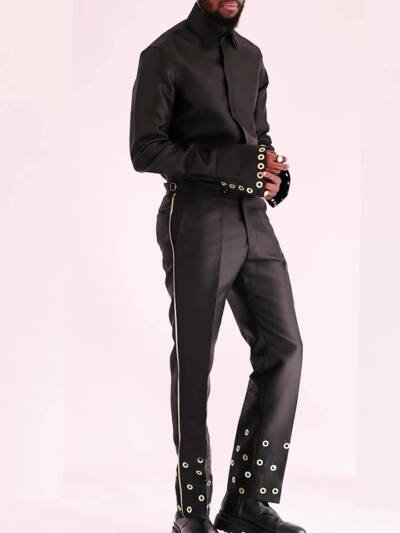 Chic Black Formal Ensemble With Adjustable Eyelet Trim And Structured Silhouette