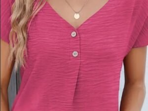Solid Button Front Blouse, Casual V Neck Short Sleeve Blouse For Spring & Summer, Women's Clothing