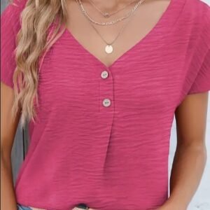 Solid Button Front Blouse, Casual V Neck Short Sleeve Blouse For Spring & Summer, Women's Clothing