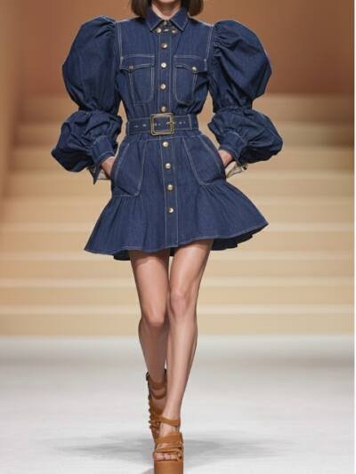 Puff Sleeve Belted Denim Shirt Dress Dark Blue Mini Silhouette
