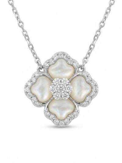 925 Sterling Silver Elegant Silver Mother-of-Pearl and Diamond Floral Pendant Necklace