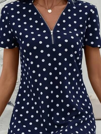 Polka Dots Print V Neck Blouse, Elegant Zipper Front Short Sleeve Blouse For Spring & Summer, Women's Clothing