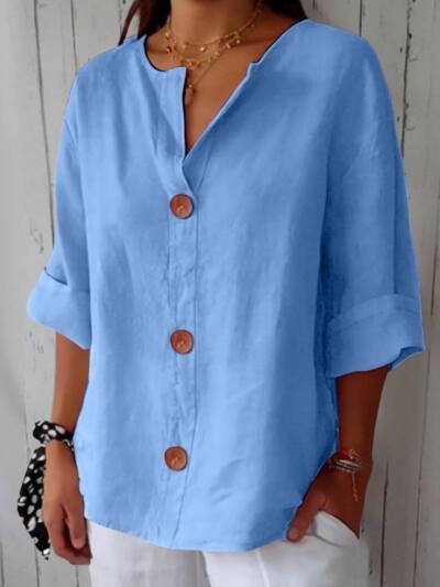 Women's V-neck cotton and linen buttoned blouse