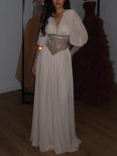 Deep V Long Sleeve Diamond Waist Maxi Dress