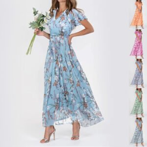 Flowers Print Short Sleeve Dress Summer Fashion Ruffle Beach Dresses Women's Clothing