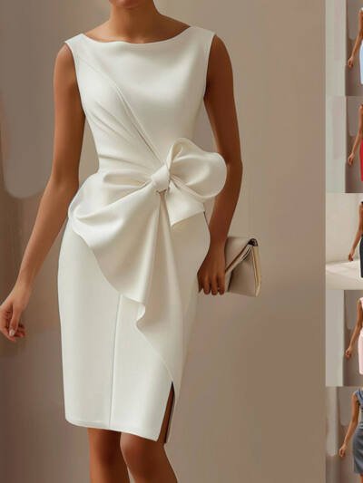 Fashion Bowknot Dress Solid Color Elegant Slim Sleeveless Dresses Women's Casual Office Party Clothing