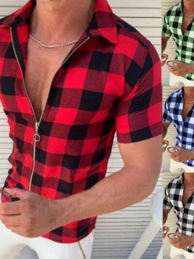 Plaid T Shirt Mens Zipper Short Sleeve Shirts Summer Men Clothing
