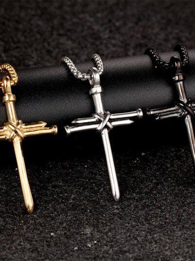 Steel Gold Black Color Fashion Mens Iron Nail Cross Pendant Necklace Stainless Steel 3mm Round Box Chain Jewelry Gift For Men