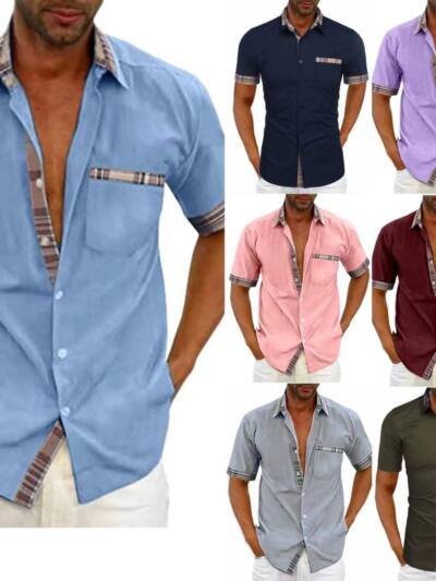 Men's Short Sleeve Contrast Fashion Button-Up Shirt