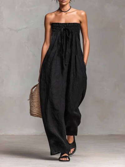 Womens Lace-up Tube Top Strapless Ruched Jumpsuit