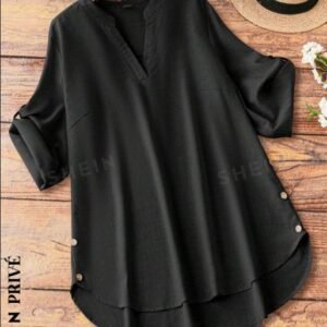 Plus Notched Neck Roll Tab Sleeve High Low Hem Blouse