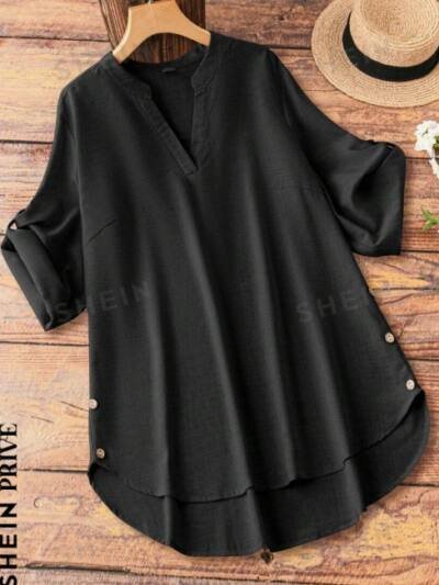 Plus Notched Neck Roll Tab Sleeve High Low Hem Blouse