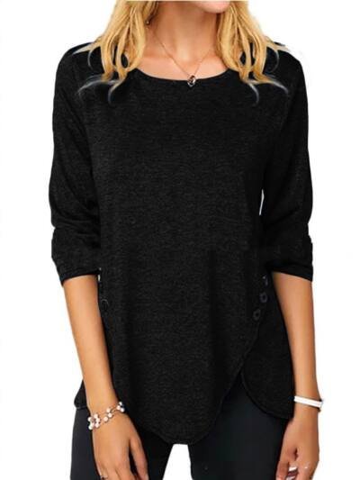 Irregular Button Hem Long Sleeved Round Neck Oversized T-shirt