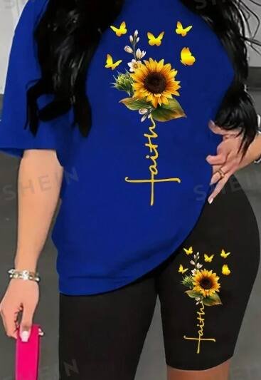 Women's Sunflower Printed Short Sleeve T-Shirt And Cycling Shorts Set