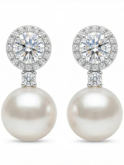 925 Sterling Silver Exquisite Round Diamond Halo with White Pearl Drop Earrings