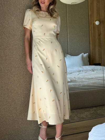 Cream Yellow Floral Print Satin Midi Dress