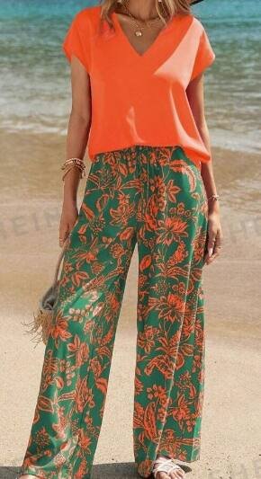 Women's Solid V-Neck Short Sleeve Top And Botanical Print Pants