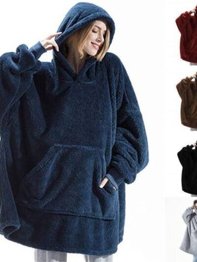 Hoodie Sweatshirt With Big Pocket Tops Sweater Comfortable Loose Double-Sided Fleece Thicker Wearable Blanket